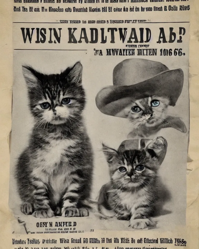 Image similar to 1865 wanted poster Wanted $1000 Reward kitten in cowboy hat Billy the Kit