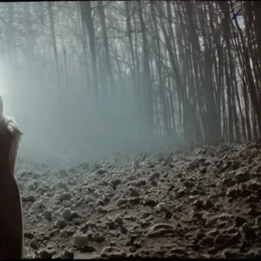 Image similar to The full body shot of beautiful pale woman with white flowers and full-face golden mask inside a thick black smoke in rocky desert landscape, glowing eyes everywhere, burning earth by Gaspar Noe and Christopher Doyle, anamorphic lens, anamorphic lens flares, kodakchrome, cinematic composition, practical effects, award winning photo, 8k