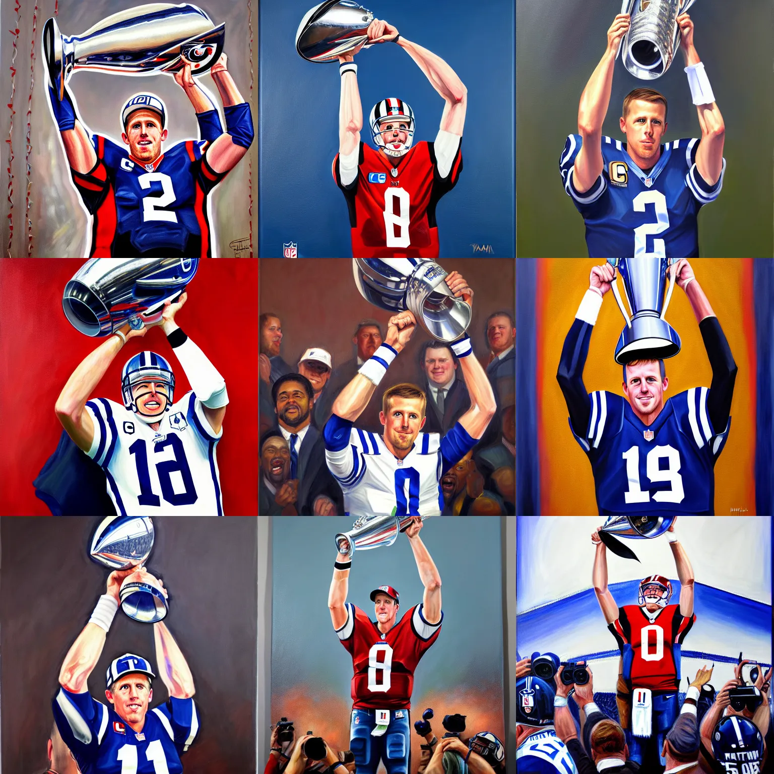 Prompt: portrait of triump, indianapolis colts qb matt ryan lifting the lombardi trophy, oil on canvas by william sydney mount, trending on artstation