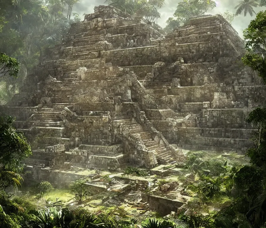 Image similar to a cinematic view of the beautiful ruins of a futuristic mayan temple in the jungle of yucatan, art by federico pelat and greg rutkowski and alejandro burdisio