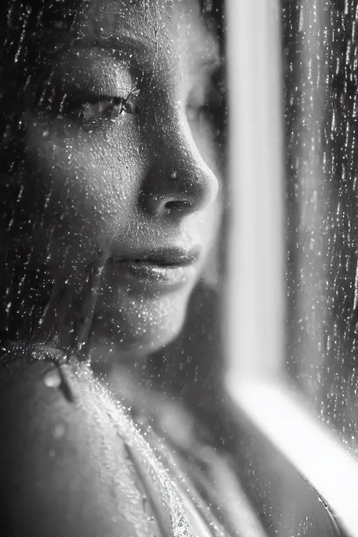 Image similar to close up of a models face looking out a window on a rainy night photographed by Mark Seliger, rain drops on window, rain, green and purple hair, photo realistic, uplight, nighttime, city light reflections