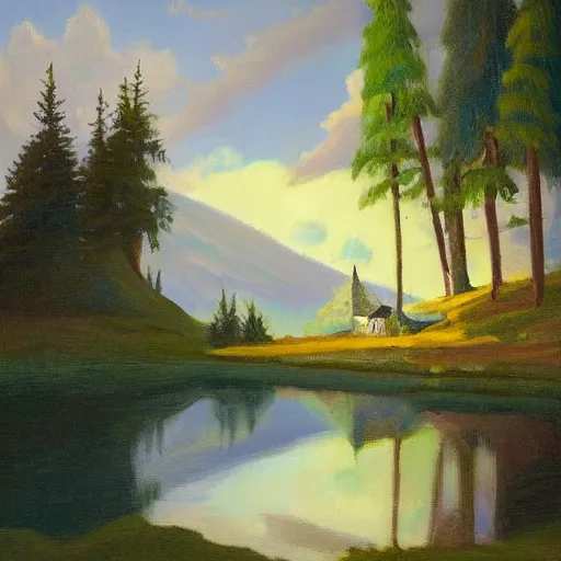 Image similar to small robot cottage at the edge of a lake in the mountains, painting by frank moth, soft glowing windows, early evening, reflections, pine trees, detailed, outlined