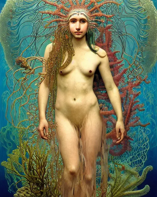 Image similar to realistic detailed underwater portrait of the beutiful young goddess of the fish of the three times with an intricate headdress of corals, sea kelp, sea plants, fish, jellyfish, art by ernst haeckel, zdzisław beksinski, h. r. giger, alphonse mucha, gothic, neo - gothic, ornamental,