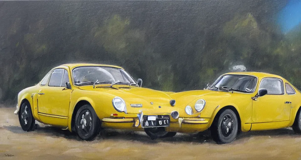 Prompt: an oil painting of a yellow alpine A110