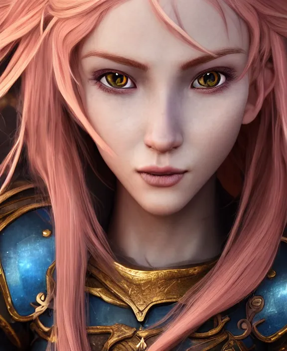 Image similar to a beautiful and highly detailed digital portrait of a dignified elf with long blue hair in rose gold armor by artgerm and lu ji, centered, artsation contest winner, cgsociety, fantasy art, cryengine, concept art, photorealism, daz 3 d, sketchfab, zbrush, vray