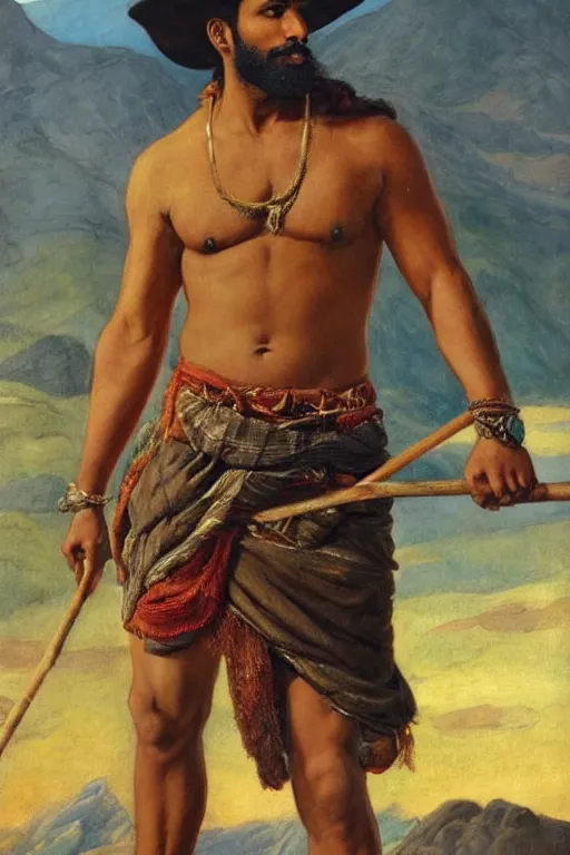 Prompt: a dramatic epic beautiful painting of a handsome shirtless desi man in the mountains | he is wearing a plaid kilt and cowboy hat, and holding a walking stick | background is mountains! and clouds | dramatic lighting, golden hour, homoerotic | by walter crane | trending on artstation
