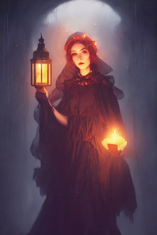 Prompt: portrait of a ghoulish victorian witch dark cheekbones holding a lantern, halloween night, charlie bowater, artgerm, ilya kuvshinov, krenz cushart, ruan jia, realism, ultra detailed, 8 k resolution