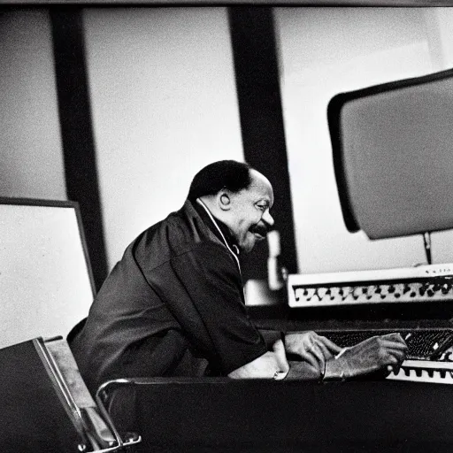 Image similar to sherman hemsley sitting at a recording console in a recording studio, faded photograph from 1 9 8 2