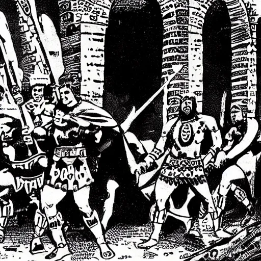 Prompt: a comicbook scene of Aztec warriors conquering Madrid in 1492 at King Ferdinand\'s Palace comicbook illustration by Jack Kirby