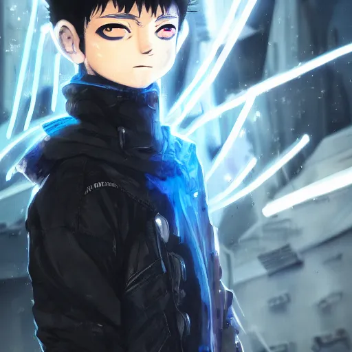 Image similar to killua zoldyck, edgy streetwear, techwear, cyberpunk style outfit, scifi, blue side lighting, detailed portrait, intricate complexity, by greg rutkowski, ross tran, conrad roset, takato yomamoto, ilya kuvshinov. 4 k, beautiful, aesthetic octane render, cinematic dramatic atmosphere