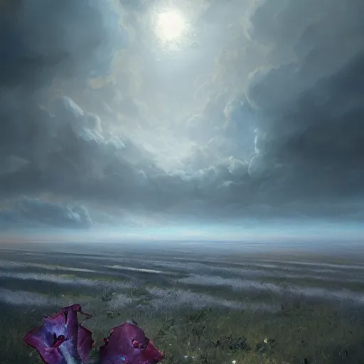 Image similar to Single blue magical flower growing on an ashen field, apocalyptik city, flower, clouded sky, oil painting, by Greg Rutkowski