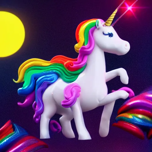 Image similar to a unicorn with sprinkles coming out of its mouth, octane render, lisa frank style