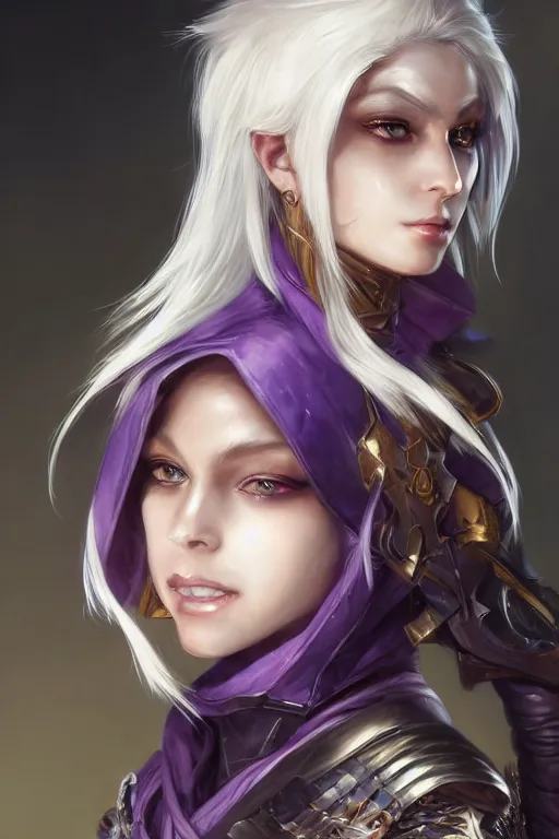 Image similar to A realistic anime portrait of a short white haired female rogue wearing an intricate medium armor, middle eastern, purple eyes, digital painting, by Stanley Artgerm Lau, Sakimichan, WLOP and Rossdraws, digtial painting, trending on ArtStation, SFW version