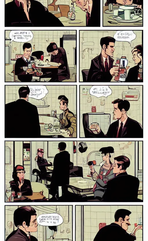 Image similar to Twin Peaks comic page of Dale Cooper feeling love and comfort with coffee & pie in the RR Diner by Tomer Hanuka