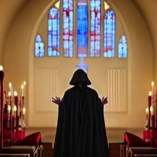 Image similar to emperor palpatine preaching to people at church, 8k cinematic lighting, very sharp detail, anatomically correct