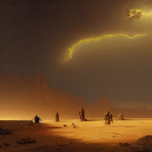 Prompt: an oil painting of a dry and cracked desert on an alien planet with a thick atmosphere and electrical storm above by carl spitzweg and greg rutkowski