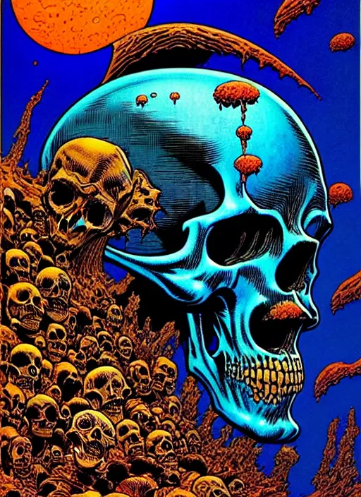 Prompt: Metal Hurlant cover of geant crying skull head emerging from the sea, by Jean Giraud, by Philippe Druillet, by Richard Corben. rich deep colors. masterpiece, very coherent symmetrical artwork, cinematic, hyper realism, octane render, unreal engine, 8k, Vibrant colors, Smooth gradients, High contrast, depth of field. character drawing, clean ink detailed line drawing, intricate detail.