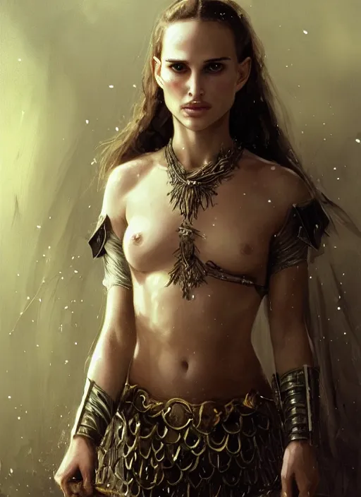 Image similar to young natalie portman, legendary warrior, fighter, lord of the rings, tattoos, decorative ornaments, battle armor, carl spitzweg, ismail inceoglu, vdragan bibin, hans thoma, greg rutkowski, alexandros pyromallis, cute, perfect face, detailed, sharply focused, centered, rule of thirds, photorealistic shading