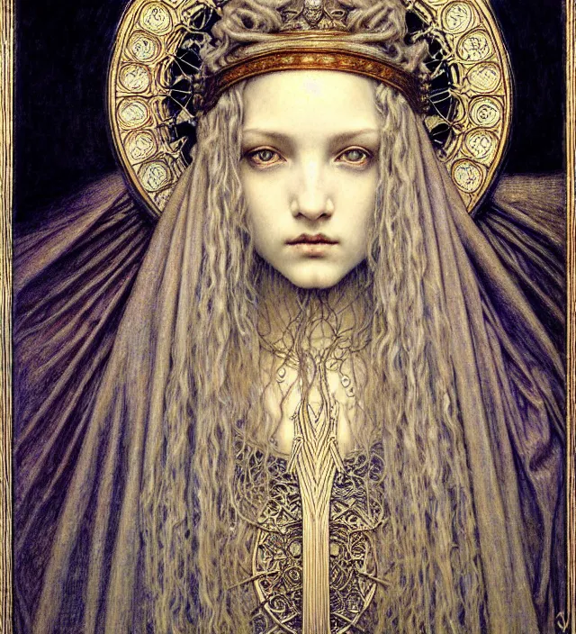 Image similar to detailed realistic beautiful young medieval queen face portrait by jean delville, gustave dore and marco mazzoni, art nouveau, symbolist, visionary, gothic, pre - raphaelite. horizontal symmetry