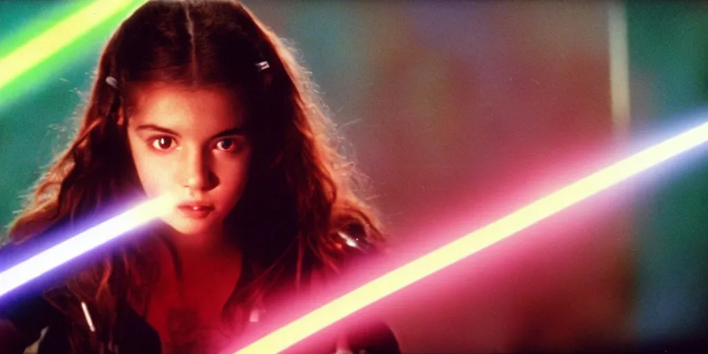 Prompt: a full color still of a teen brunette girl with her hair up holding a lightsaber with a sci-fi battle in the background, cinematic lighting, 1999, directed by Steven Spielberg, 35mm