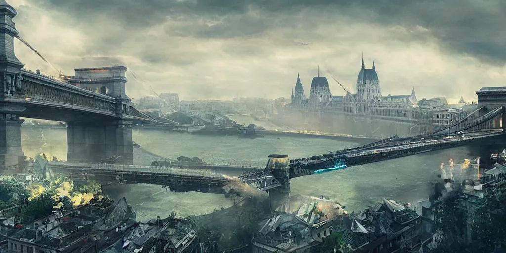 Image similar to kaiju attack in budapest, chain bridge painting, greg rutkowski detailed, rule of thirds, cinematic