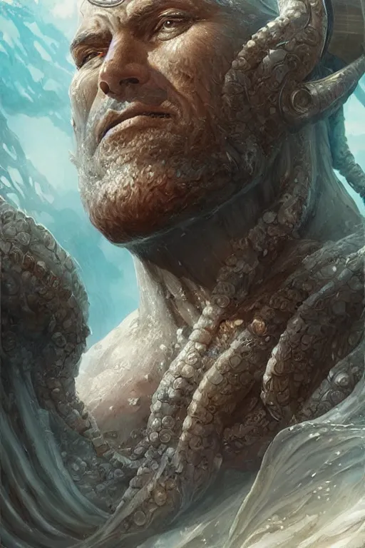 Image similar to humanoid god of the sea, highly detailed, d & d, fantasy, highly detailed, digital painting, trending on artstation, concept art, sharp focus, illustration, art by artgerm and greg rutkowski and magali villeneuve