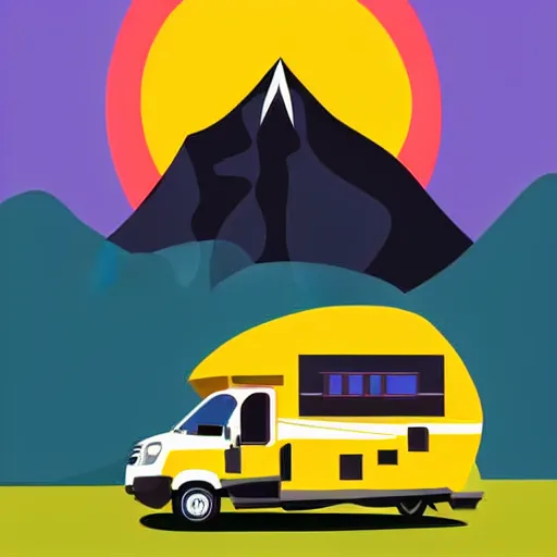 Image similar to minimal professional vector art featuring a white and black cute thor chateau! motorhome camper!!, highway, mountains and sunset!!, very happy, professional colorful simple vector art