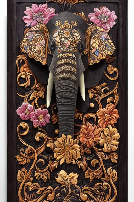 Image similar to Painted dark-wood panel relief carving of a close up of a Flowerpunk Matriarch Elephant, ornate border frame, explosion of colorful flowers, dark wood, intricately carved, black ink, festival of rich colors, intricate details, cinematic lighting, volumetric lighting, post-processing, art nouveau, by andreas rocha and john howe, and Martin Johnson Heade, featured on artstation, featured on behance, golden ratio, hyper detailed, photorealistic, epic composition, center spotlight, f32, well composed, symmetrical, UE5, 8k