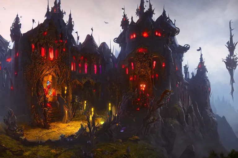 Image similar to big evil fairy castle - city rock dark shadow elves, might and magic heroes 7, dark fantasy, shadows, artstation trending, unreal engine 5, red