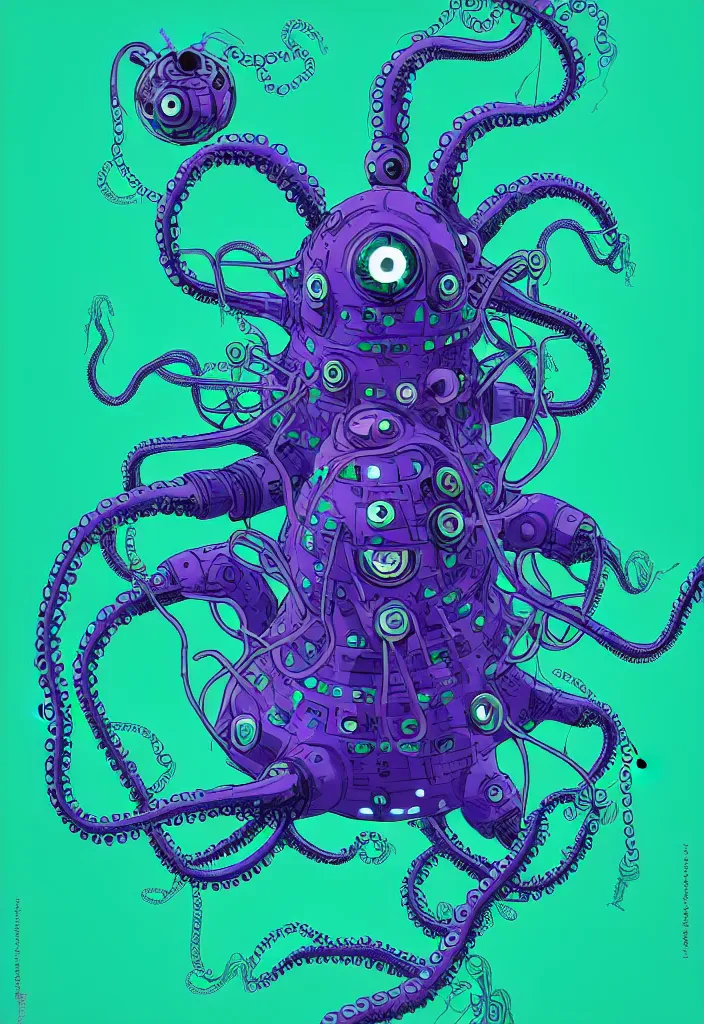 Image similar to robotic cyberpunk octopus by miyazaki, blue green purple black color palette, symmetrical vector illustration, kenneth blom, mental alchemy, james jean, pablo amaringo, naudline pierre, contemporary art, hyper detailed