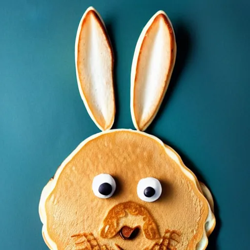 Prompt: A rabbit with a pancake on its head