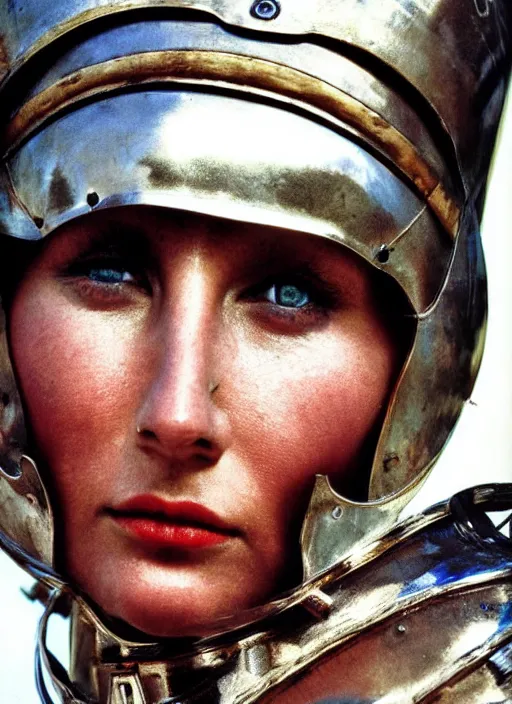 Prompt: close - up portrait of female roman gladiator with helmet and armor, color photograph by helmut newton