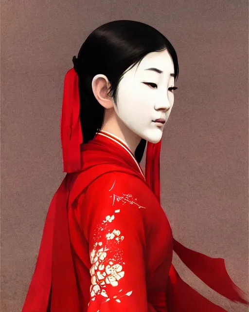 Image similar to asian female with white cloth mask wearing traditional red ao dai, full moon on the sky, digital illustration by ruan jia, a ultra detailed beautiful panting by ilya kuvshinov, greg rutkowski and makoto shinkai, trending on artstation