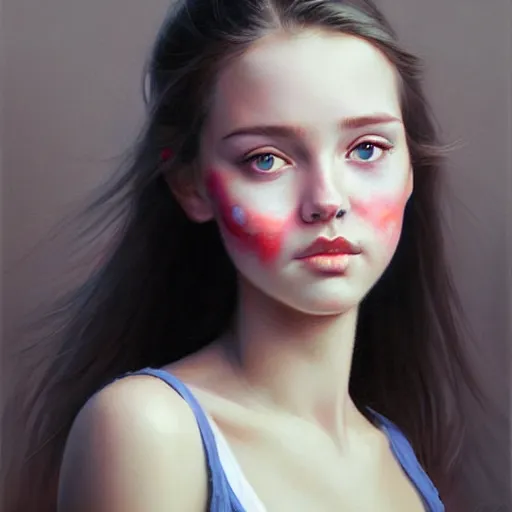 Image similar to Facial portrait of a pretty young cute girl, looking at the camera, slight awkward smile, lips slightly parted, no hands visible, extremely detailed painting by Greg Rutkowski and by Steve Henderson and by Harumi Hironaka