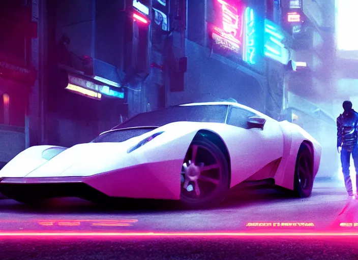 Prompt: Bladerunner2049 street racing man leaning cool pose on his white sports car with red emissives volumetric lighting Cyberpunk RTX ray marching street