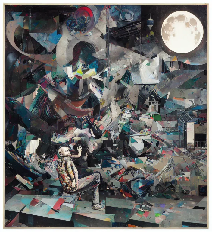 Image similar to decollage painting old white - headed man under the huge moon on a street of ruined city by adrian ghenie and takato yamamoto and edward hopper and mark ryden and tsutomu nihei, part by bridget riley, acrylic pour and splashing paint, very coherent, baroque elements, perfect anatomy, intricate design. pop art.