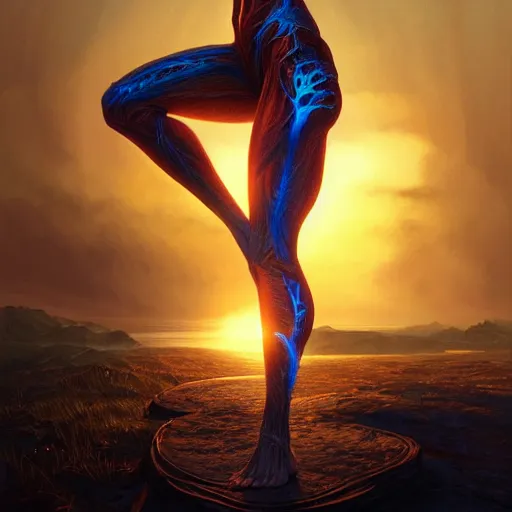Image similar to detailed intricate digital illustration by greg rutkowski and artgerm and wlop and sanford robinson gifford ; yoga pose glowing anatomically correct human veins ; 1 3 mm film, arri alfa anamorphic lens, sharp focus ; golden hour, trending on artstation 8 k