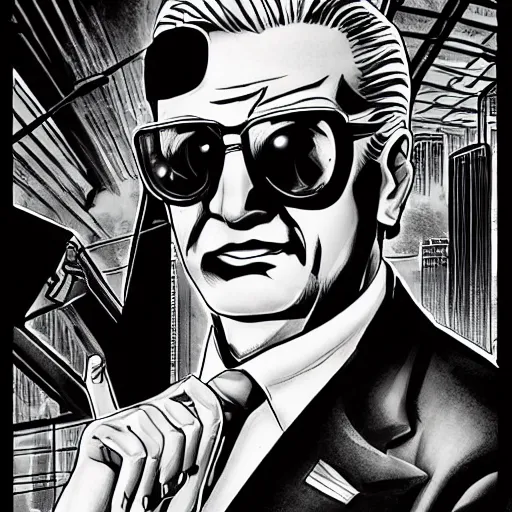 Image similar to a mafia boss with slicked back hair, in a cyberpunk setting, comic book art, art by stan lee, pen drawing, inked, black and white, dark, moody, dramatic, deep shadows, marvel comics, dc comics