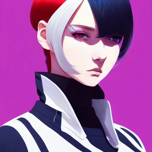 Prompt: poster woman with futuristic streetwear and hairstyle, open jacket, cute face, symmetrical face, 3/4 angle, pretty, beautiful, elegant, Anime by Kuvshinov Ilya, Cushart Krentz and Gilleard James, 4k, HDR, Trending on artstation, Behance, Pinterest