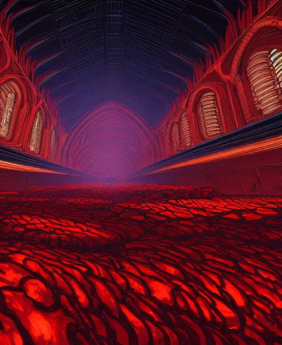 Prompt: a massive cathedral made out of butchered meat, in the style of a spaceship, hellscape, hell, fire, brimstone, lava, by dan mumford, yusuke murata, makoto shinkai, ross tran, cinematic, unreal engine, cel shaded, featured on artstation, pixiv