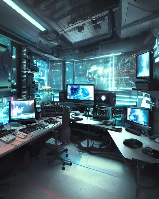 Image similar to artstation scifi scene of a complex computer workstation in a small studio apartment room, many monitors, many electronics, very detailed, maximalism, volumetric light, atmospheric haze, unreal engine, hyper realism, realistic shading, cinematic composition, realistic render, octane render, detailed textures, photorealistic, wide shot