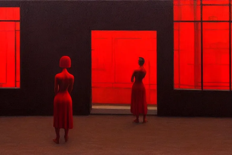 Image similar to only with red, crowd delirious at the sight of a painting, in a city square, in the style of beksinski, parts by edward hopper, parts by rodcenko, parts by yue minjun, intricate and epic composition, red by caravaggio, insanely quality, highly detailed, masterpiece, red light, artstation, 4 k