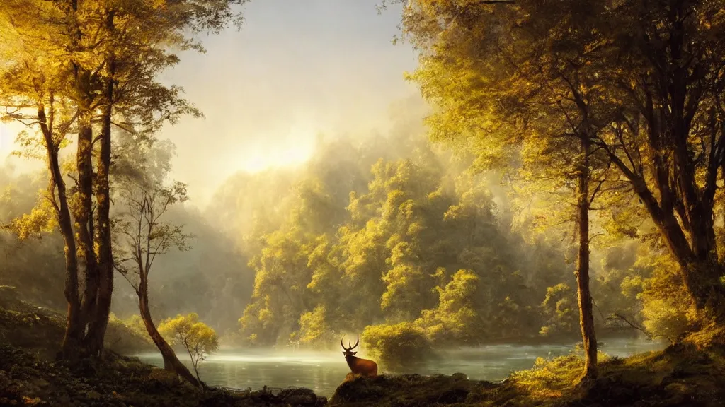 Image similar to the most beautiful panoramic landscape, oil painting, where a giant dreamy waterfall creates a river, the trees around are starting to bloom in yellow colors, a majestic deer is in close - up and it is exhaling steam, the ray lights of the sunrise are brightening him, by greg rutkowski