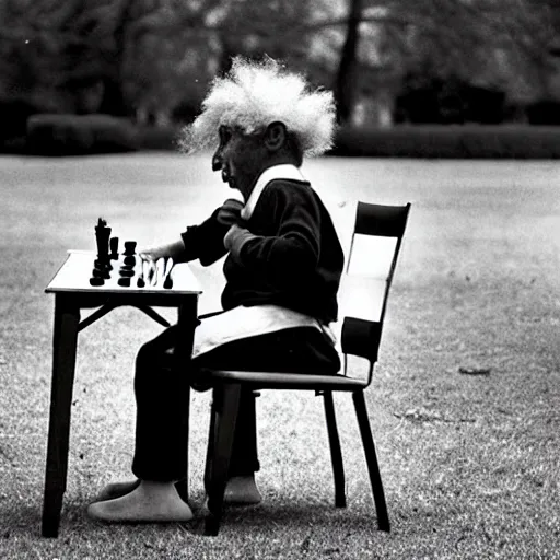 Prompt: portrait photo of a clown playing chess in a park by annie liebovitz,