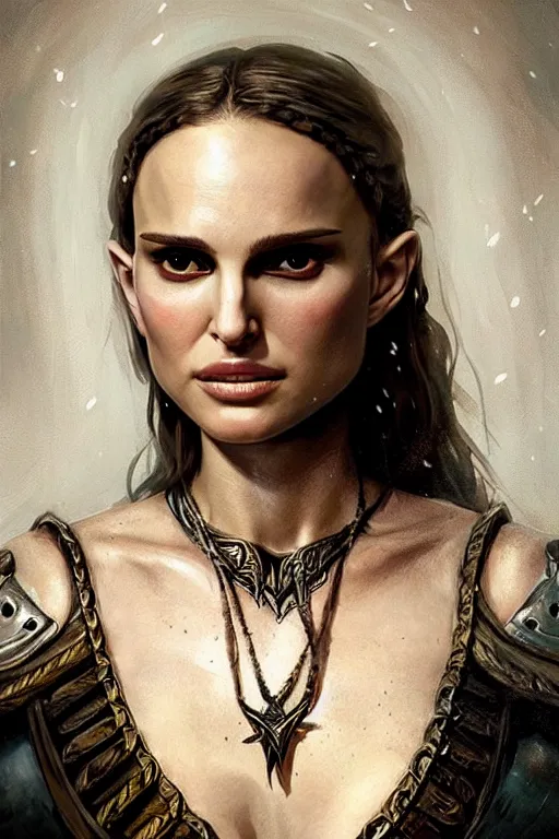 Image similar to natalie portman, legendary warrior, heroic, lord of the rings, tattoos, decorative ornaments, battle armor, by carl spitzweg, ismail inceoglu, vdragan bibin, hans thoma, greg rutkowski, alexandros pyromallis, perfect face, fine details, realistic shading photorealism