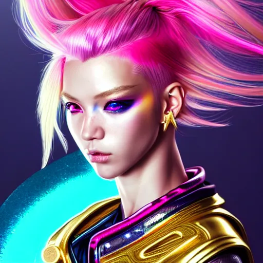 Prompt: hyperdetailed portrait of a stunningly beautiful cyberpunk cutie with blonde hair guard made of iridescent metals and shiny pink gems, bright rainbow nimbus, gold necklace, gold background inspired by ross tran and masamune shirow and kuvshinov, intricate, photorealistic, octane render, rtx, hdr, unreal engine, dnd digital art by artgerm