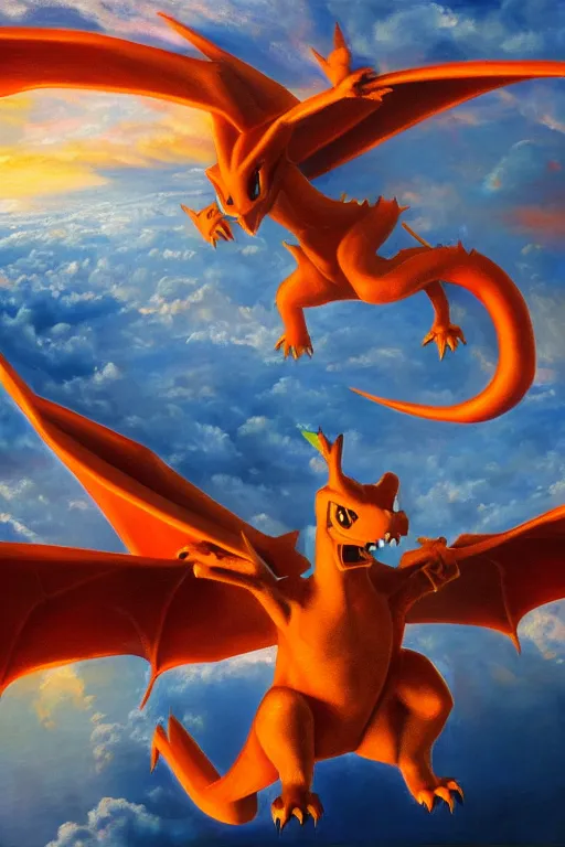 Image similar to charizard flying above new york, oil on canvas, intricate, 8 k highly professionally detailed, hdr, cgsociety