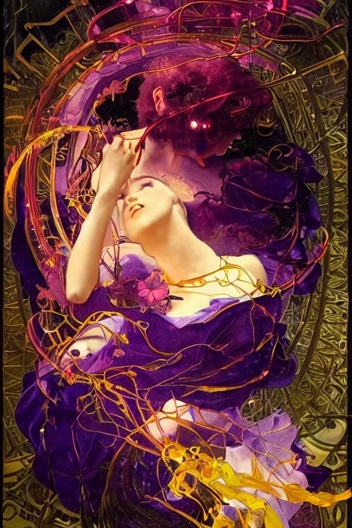 Image similar to she dreams of arcs of purple flame intertwined with glowing sparks, glinting particles of ice, dramatic lighting, steampunk, secret holographic cyphers, red flowers, bright neon solar flares, high contrast, smooth, sharp focus, art nouveau, painting by Caravaggio and Daytoner and Alphonse Mucha