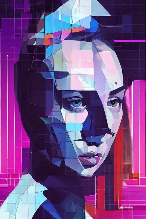 Image similar to wideangle portrait, digital painting, an beautiful, sleeping hacker girl, connected, madness, decoherence, synthwave, glitch!!, fractured reality, refraction, realistic, hyperdetailed, concept art, art by syd mead, cubism