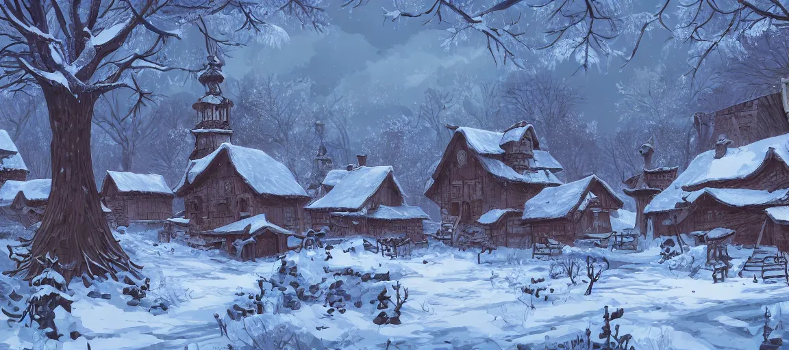Image similar to Beautiful detailed high quality illustration of an old russian village, beautiful forest on background::winter::art by Ghibli Studio, League of Legends, Arcane, Wild Rift, trending on artstation